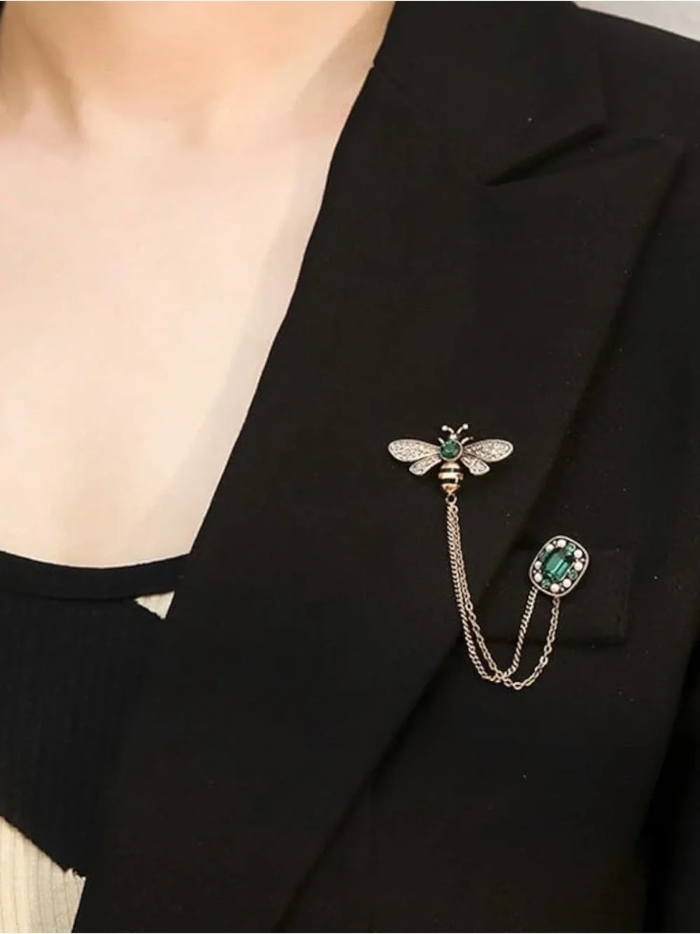 Gold Bee Chain Brooch with Emerald Green
